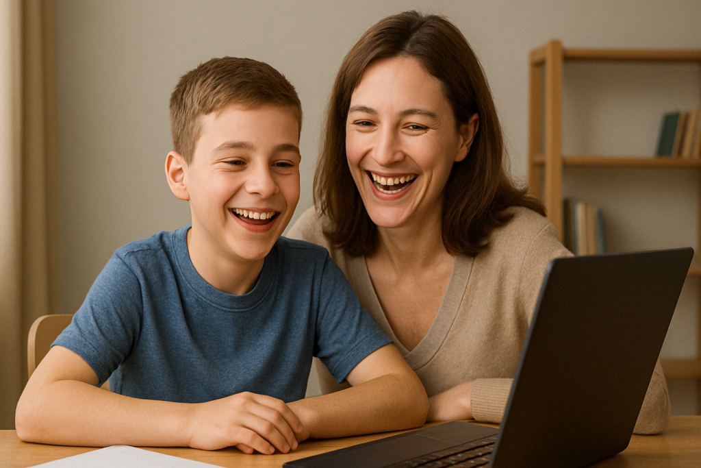 Madre e hijo riendo juntos frente a una laptop durante una clase de inglés online.