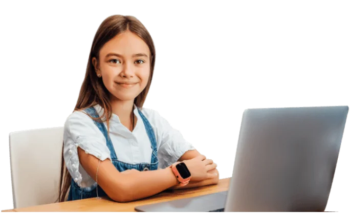 Niña aprendiendo inglés online feliz con English4Kids